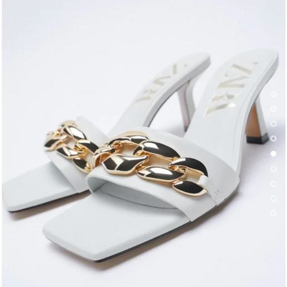 Zara Shoes - ZARA High Heel Sands Chunky Gold Chain Square Toe White